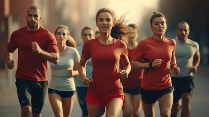 Group of young people in sportswear are running in the road.