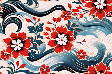 Fototapeta na wymiar traditional oriental asian japanese floral seamless pattern with red blue flowers on white background