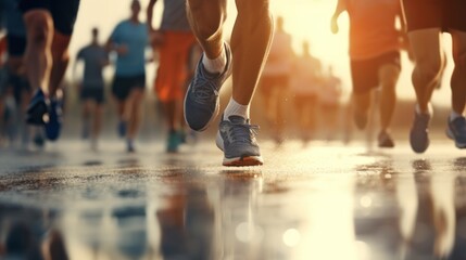 Group of young people in sportswear are running in the road.