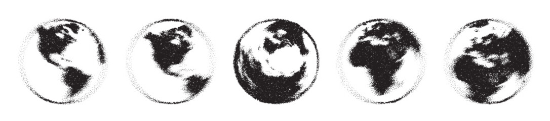Black and white Earth grain effect globe set composed of big amount of circles. Wrapped World map in round shape. © Vjom