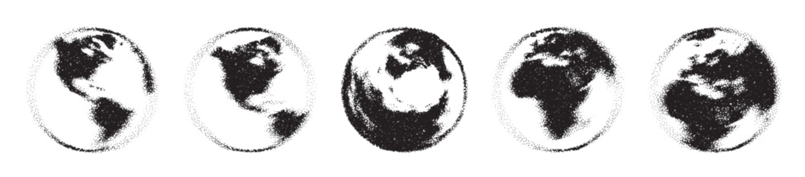 Black and white Earth grain effect globe set composed of big amount of circles. Wrapped World map in round shape.