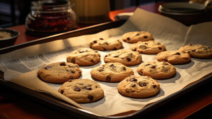 A cookie sheet of freshly baked homemade chocolate chip cookies on a kitchen table. Comfort food. - obrazy, fototapety, plakaty