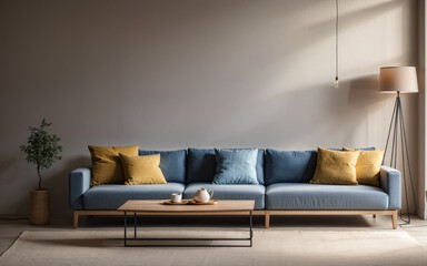 Sofa with pillows and a floor lamp against a concrete wall with ample copy space, illustrating the loft home interior design of a modern living room.