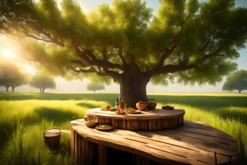 Tree Table wood Podium in farm display for food, perfume, and other products on nature background, Table in a farm with grass, trees, and Sunlight