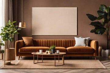 Warm and inviting living room with brown sofa, pouf, beige carpet, lamp, mock-up poster frame, decoration, plant, and coffee table