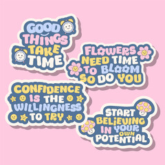 Fototapeta premium Vector retro motivational quotes with beautiful flower alarm clock emotican star mushroom sticker or label or badge set