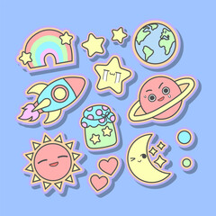 Vector retro space cosmos vibes with earth sun moon rocket rainbow planet star sticker or label or badge set
