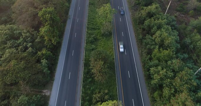 Aerial view transport main rural highway road moorning sunrise asphalt road transport industry