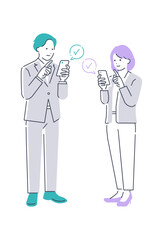 携帯を操作しているビジネスマンとビジネスウーマンのベクターイラスト素材。全身。