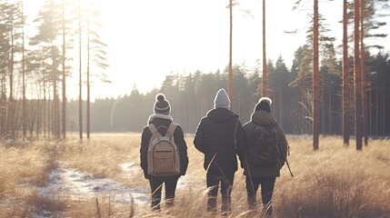 Hiking with friends through the winter forest. View from the back of a small group of hikers with backpacks walking through the winter forest. Enjoy nature and communication without gadgets. - obrazy, fototapety, plakaty
