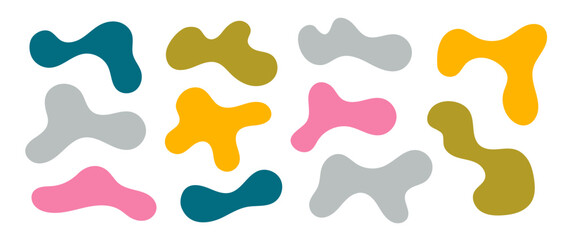 Abstract organic shapes collection. Irregular liquid forms set. Oblong amoeba blobs, blotches, drops or stains bundle. Different design elements for label, sticker, banner, tag, collage. Vector pack