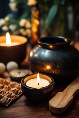 Aromatic candle burns on table in spa procedure salon. Small warm flame creating coziness and relaxing atmosphere in meditation studio. Accessory for aromatherapy treatment and mindfulness