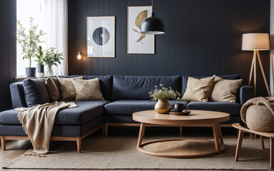 round coffee table near a corner sofa against a dark grey paneling wall, embodying the Scandinavian style in the modern living room's home interior design.