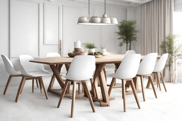 3D close up view, wooden dining table, white color chairs , white color wall