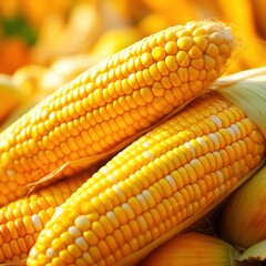 Ripe corn cobs and autumn leaves on rustic wooden table closeup. Cereal culture crop gathered in fall season prepared for cooking at home. Tasty vegetables and colorful foliage in timber boards