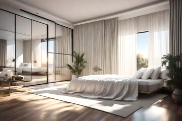 3D view, modern luxury bed room, curtain of white color, the  rays of sun, reflect the indoor through the window, ourt side look of lake view of sunrise