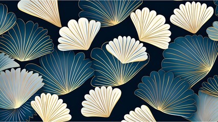 A pattern resembling seabed fans drawn in shades of cream and cyan against a deep navy background suggestive of the deep sea.
