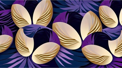 Patterns in the shape of leaves with beautiful purple and yellow gradients float against a dark night sky sprinkled with stars. Geometric lines represent the texture of the leaves.
