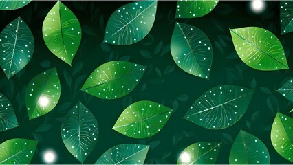 An illustration of green leaves emitting light against a dark background. Sparkling points scattered like stars create a fantastical atmosphere reminiscent of an enchanted forest.
