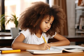 An African American girl sits and does her homework at the table at home. He writes down solutions of tasks in her notebook. - obrazy, fototapety, plakaty