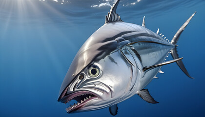 An isolated huge blue fin tuna in a clear blueish ocean, ultra realistic, very detailed, close-up, landscape orientation.