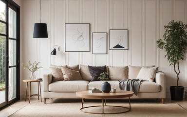 Chair and round coffee table near a corner sofa against a paneling wall, showcasing the Scandinavian style in the modern living room's home interior design.