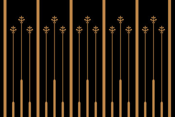 Ornate of vintage style pattern. Design royal of vertical stripes gold on black background. Design print for textile, trellis, railling, architecture, interior, fence, textile, wallpaper. Set 202