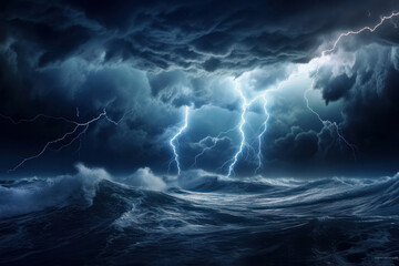 A tempestuous night at sea, where thunder and lightning meet turbulent waves in a spectacular display of nature power. AI Generative. - obrazy, fototapety, plakaty