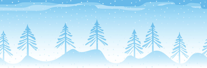 Minimalistic winter landscape, cartoon nature, forest and falling snow, seamless border, vector illustration	