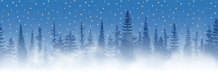 Fototapeta na wymiar Winter landscape, coniferous forest in the fog and falling snow, vector illustration