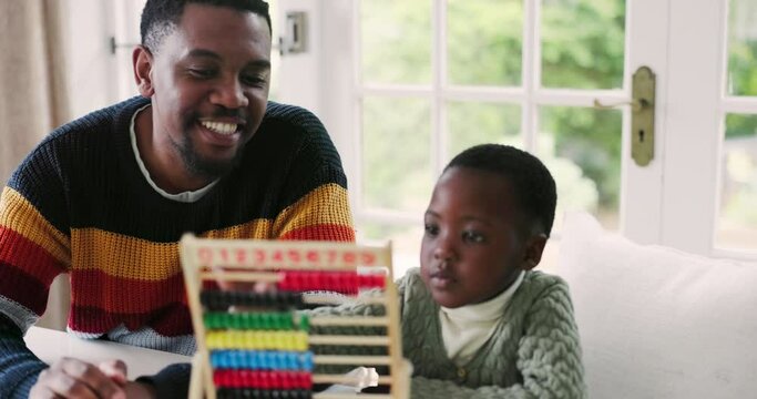 Black family, abacus and father with kid for education, learning and mathematics lesson at home. School, knowledge and happy dad teaching boy for child development, homework and educational toy