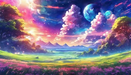 Colorful Vibrant Sunset Anime Nature Landscape with Galactic Sky Wallpaper Background - obrazy, fototapety, plakaty
