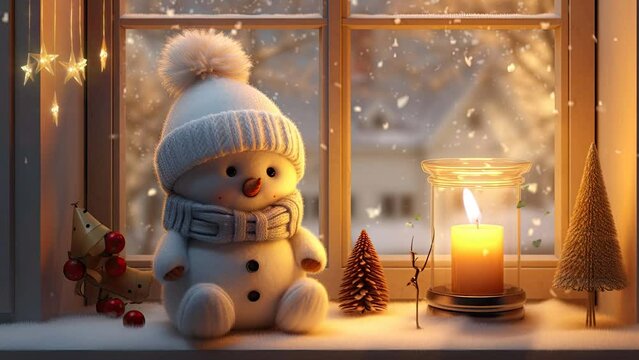 christmas decoration with candle and snowman in the window. seamless looping time-lapse virtual 4k video animation background.