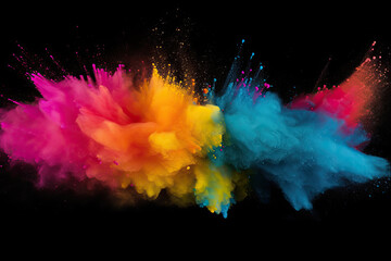 Explosion of colored powder isolated on black background. Abstract colored background