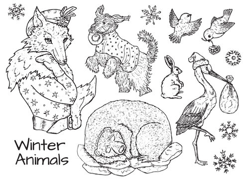 Black and white design set with graphic hand drawn elements of winter animals, fox, bear, dog. New Year and Christmas concept