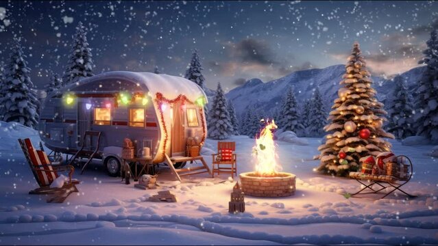 camping in a van on Christmas Eve with a campfire at night.  cartoon or anime style illustration. seamless looping time-lapse virtual video animation background.