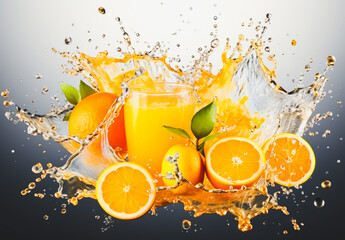 fruit juice splash  Tropical mix into of burst splashes of juices - obrazy, fototapety, plakaty