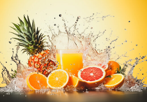 fruit juice splash Tropical mix into of burst splashes of juices © NORN