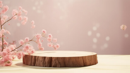 Wood slice podium and pink flowers on beige background. Concept scene stage showcase for new product, promotion sale, banner, presentation, cosmetic