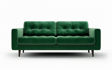 Green sofa isolated on white. Green velvet sofa on wooden legs on white background