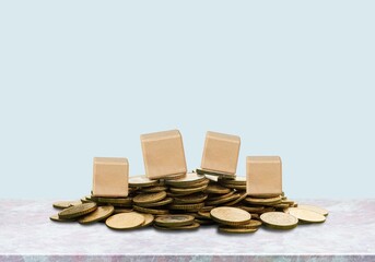 the number 2024 on wooden cubes with coins.