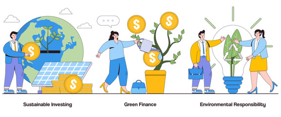Sustainable investing, green finance, environmental responsibility concept with character. ESG Investments abstract vector illustration set. Sustainable finance, ethical investing, green portfolio