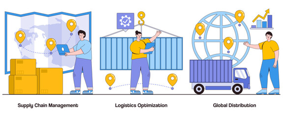 Fototapeta premium Supply chain management, logistics optimization, global distribution concept with character. Supply chain abstract vector illustration set. Efficient logistics, supply chain optimization metaphor