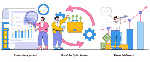Obraz premium Asset management, portfolio optimization, financial growth concept with character. Investment portfolio abstract vector illustration set. Portfolio management, wealth growth, financial strategy