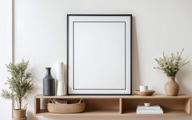Empty mock-up frame on a wooden shelf in the interior design of a modern living room with a white wall and home decor pieces.