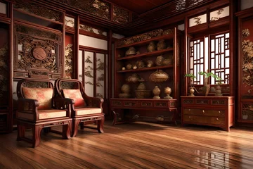 Poster closeup view, 3D, a traditional Chinese living room with antique wooden furniture , intricate designs © Sikandar Hayat