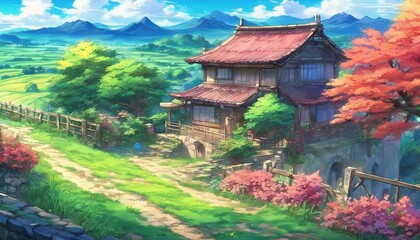 Vibrant Color of A Beautiful Fantasy Anime Village Landscape Background or Wallpaper