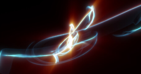 Abstract waves of blue energy magic smoke and glowing lines on a black background