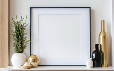 Empty mock-up frame on a wooden shelf in the interior design of a modern living room with a white wall and home decor pieces.