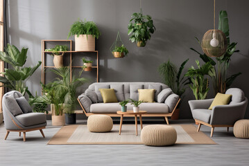 Decorating the living room in the apartment with sofas and armchairs with plant pots adds to the natural atmosphere.